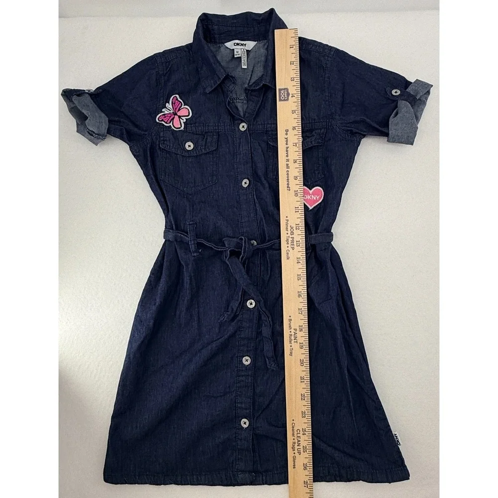 DKNY Girls M‎ 8/10 Denim Shirt Dress Belted Button Front Butterfly Patch